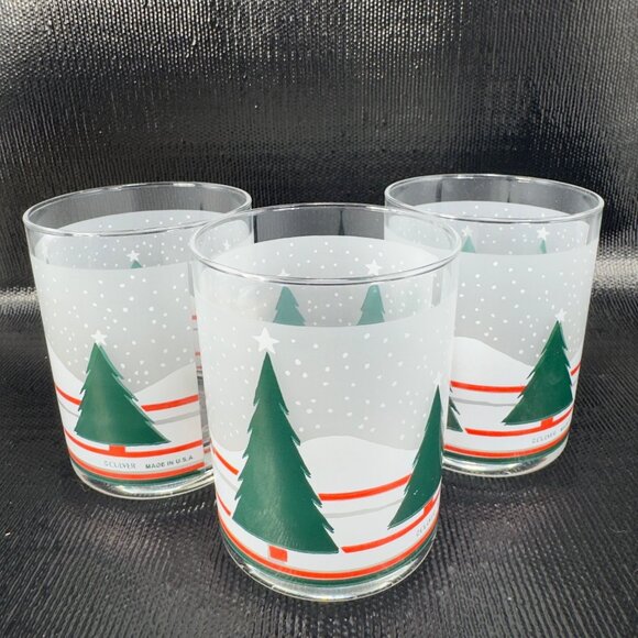 Vintage Culver Made In USA Glassware Cups Lowball Glasses Tumblers Set 3 Trees - Picture 1 of 11